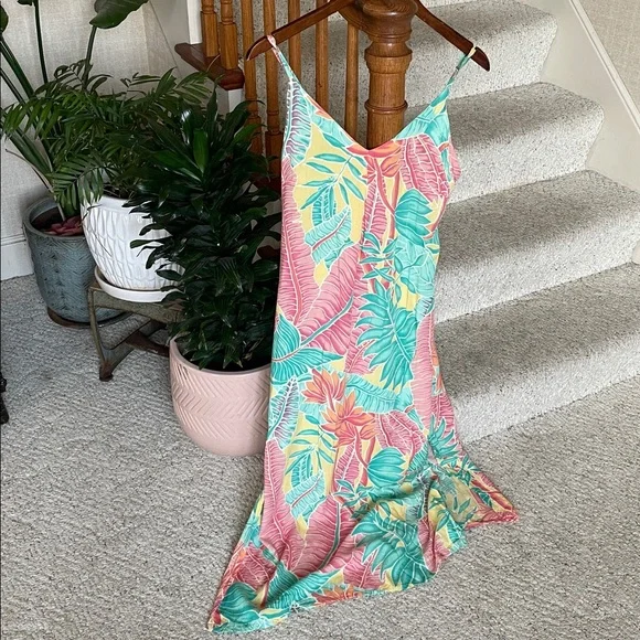 Kenny Flowers Beach Resort Tropical Print Maxi Slip Dress in Pink, Teal & Yellow - Picture 2 of 16